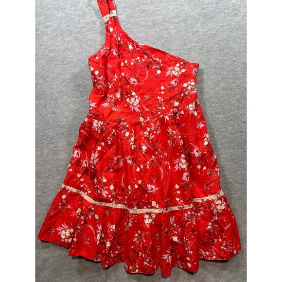 Free People All Mine Red Floral One Shoulder Mini Dress‎ S Linen Blend - Picture 1 of 6